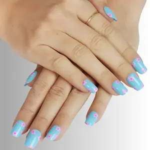 Groovy Daisy Press-on Nails - Vibrant Blue Base with Pink Daisy Patterns for Effortless Glam & Retro-Chic Energy