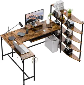 Walsunny 66" L Shaped Office Desk, Home Office Desk with File Drawer & 5-Tier Storage Shelves, Gaming Corner Desk with Keyboard Tray & Hook, Retro
