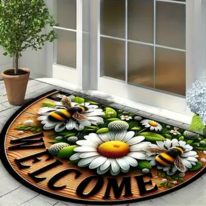 Semi Circular with Bee Daisy Style Pattern, Practical Welcome Mat, Outdoor and Indoor Entrance Door Mat, Bedside Blanket, Small Floor Mat Suitable for Porch, Living Room, Bedroom, Kitchen, Balcony Decoration, Elegant Foot Mat Available All Year Round