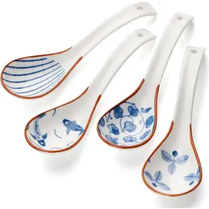 Chinese Soup Spoons Set of 4 Korean Spoons Porcelain Ramen Spoons for Pho Noodle Cereal Dumpling