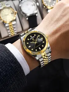 Top Luxury Log Series Business Men's Watch, Quartz Waterproof Watch, Round Analog Dial, Waterproof Calendar Display, Stainless Steel Butterfly Buckle Strap