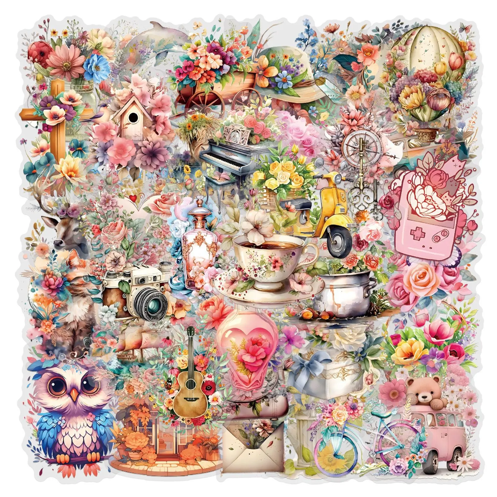 58 Pcs Vintage Watercolor Floral Stickers,Aesthetic PET Transparent Flowers Sticker Waterproof Decorative Decals for Journaling, Decoupage, Planners, laptops, Cellphone, Phone Case, Devices, Gift & Card Making