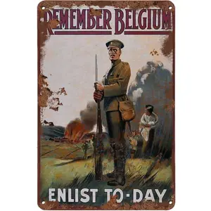 Ww1 Propaganda Vintage British WWI Remember Belgium Join Enlist Army World War 1 Recruitment Vintage Metal Tin Sign Metal Decor Wall Sign 8x12 Inches