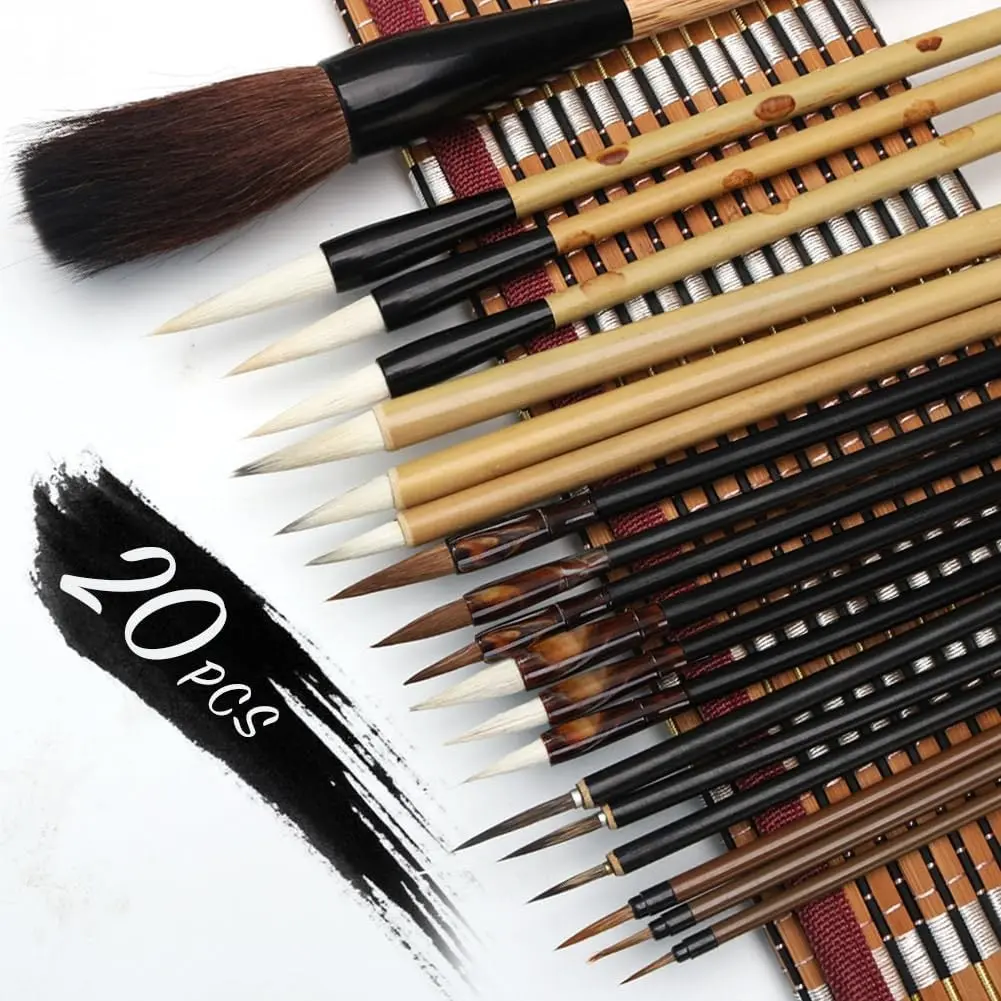 20 PCS Writing Brush Set - Chinese Calligraphy Brushes with Kanji, Japanese Sumi Painting & Drawing Brushes, 19 Piece/Set + Roll-up Bamboo Brush Holder