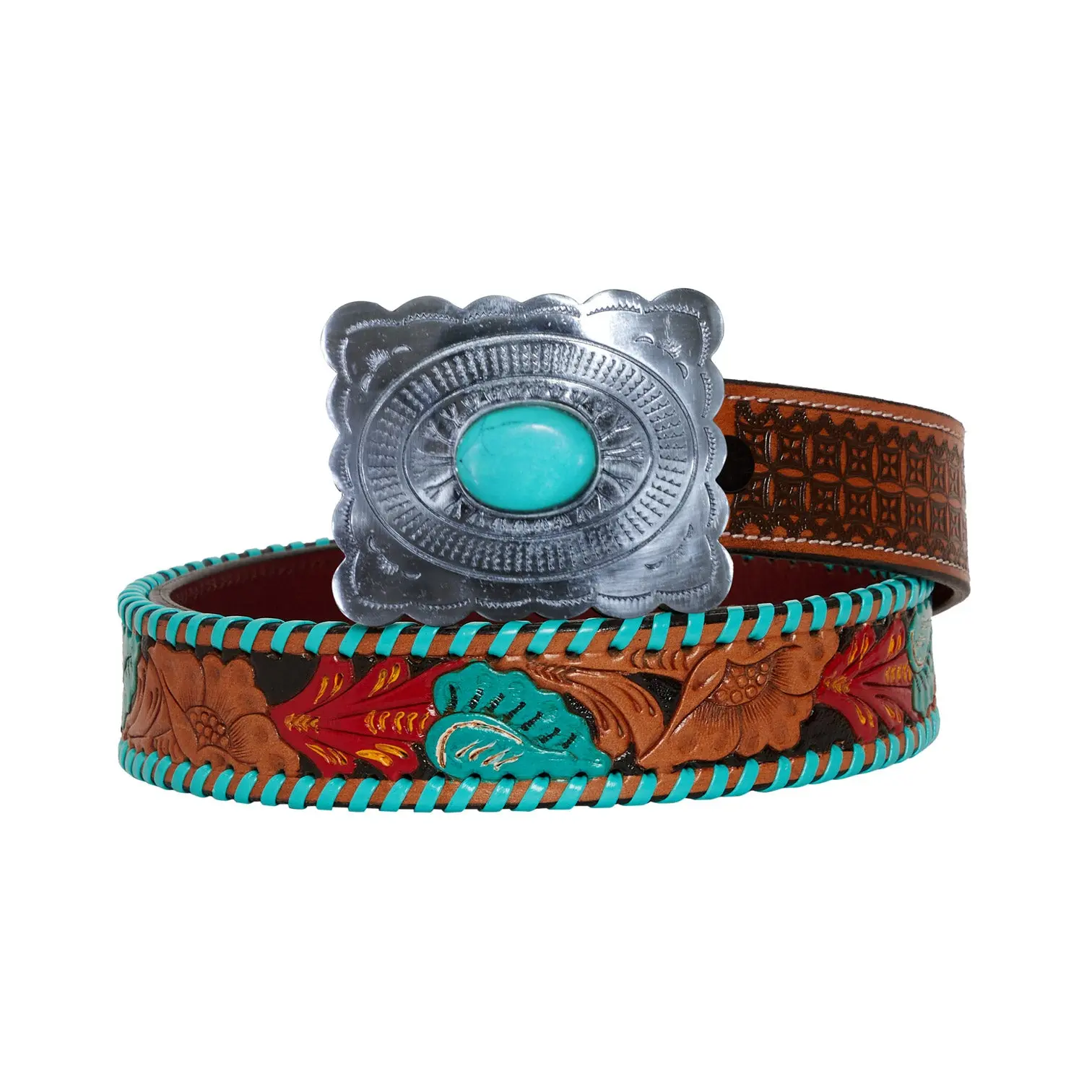Women's 1.5" Trendy Hand-Tooled Leather Belt with Tropical Floral Etching and Removable Turquoise Stone Buckle, Trendy Exquisite Belt, 1.5 Inches, Clothes Accessory, Belts