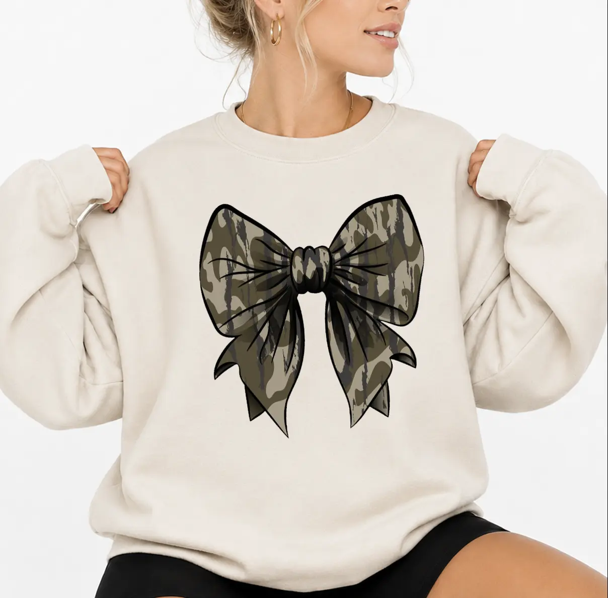 Camo Bow Sweatshirt, Camo Coquette Bow Duck Hunting Shirt, Old School Camo Fall Shirt, Full Sizes, Full Colors Sweaters Printed Tops