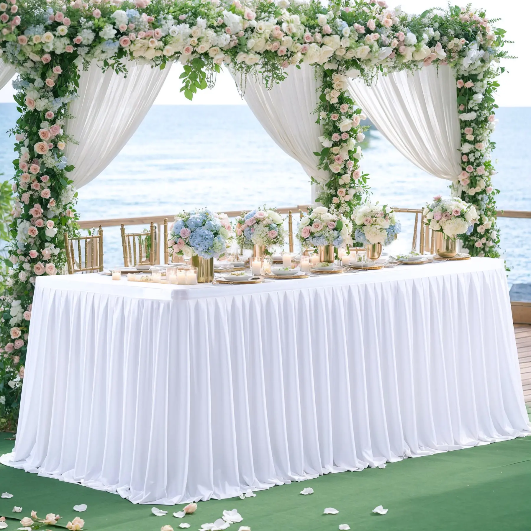 Only Covers Front of 6ft/9ft/14ft Table - 2-Pack White Spandex Ruffled Table Skirts, Wrinkle-Resistant Pleated Rectangle, Wedding Party Decoration with Floral Ornaments, Home Festive Decor,summerwins,Summer Sale,Mid Year Sale,Deals For You Day, Decoration
