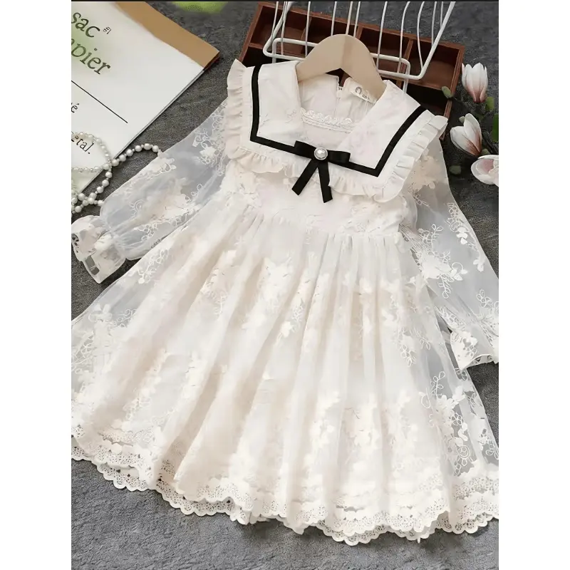 Toddler Girls White Lace Long Sleeve Dress Sailor Collar Pearl Bow Ruffle Trim A-Line Princess Gown, Formal Outfit For Birthday Party Baptism Wedding Guest Tea Party Elegant Portrait Shoot Holiday Gathering # Girls Daisy Smocked Ruffle Dress