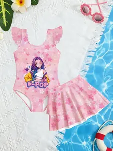 K-Pop Girl Group Sakura Sweet Cool Anime Girls' Swimsuit, Sleeveless Skirt Style Swimwear, Cute Bathing Suit