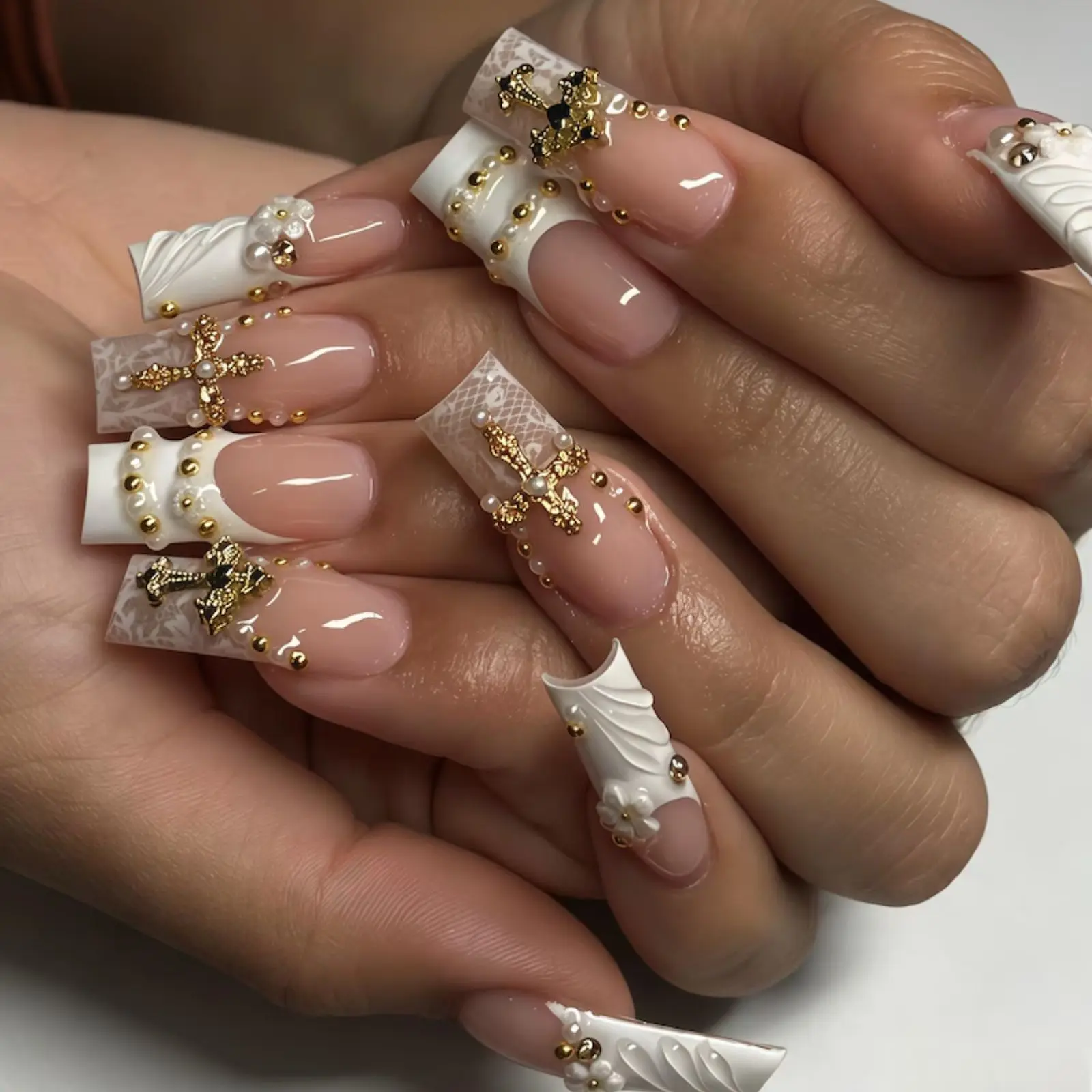 Custom White Lace Cross Press on Nails, Luxury Gold Pearl 3D Charms Fake Nails, Elegant Long Square Reusable Glue On Nails