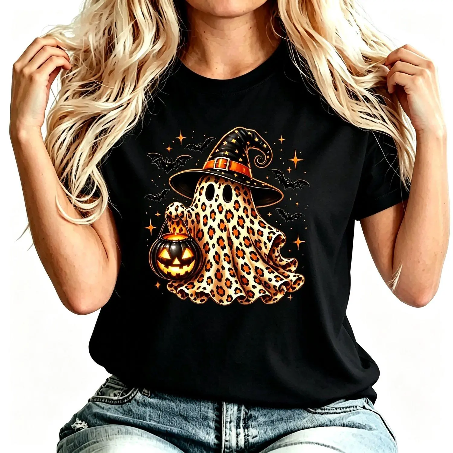Leopard Pattern Ghost Witch Halloween Jack O Lantern Bat Design Soft Crew Neck T Shirt Top Autumn Casual Everyday Wear Tee Style