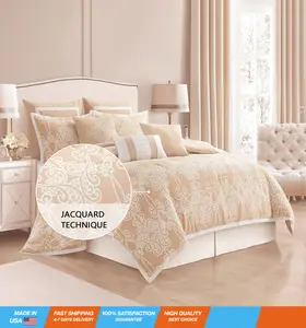 100% Cotton Comforter Set King Size, 9 Piece, Jacquard Bedding Set with Bedskirt, Pillow Shams, Euro Shams, Decorative Pillows, Gold and White, Ultra-Soft, All Season