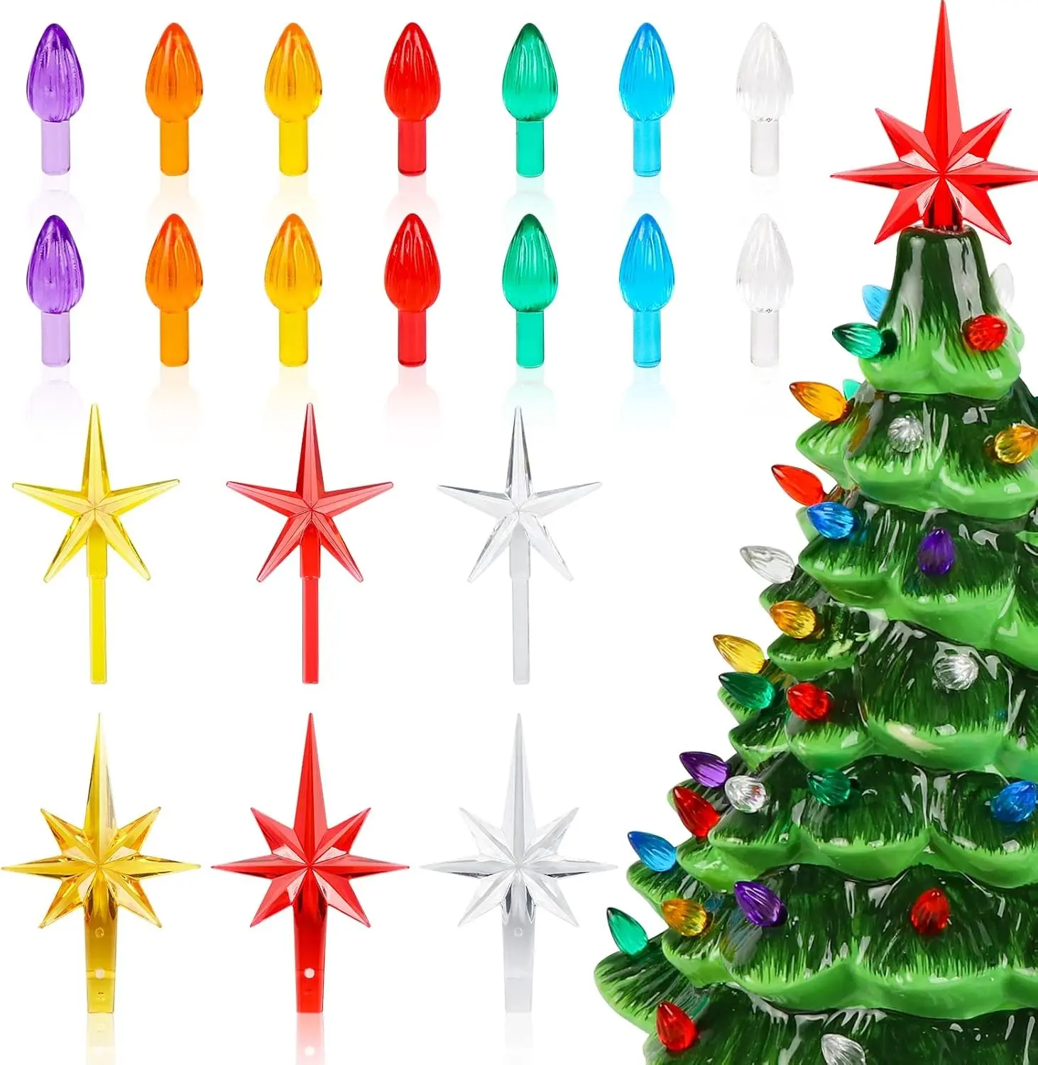 120 PCS Flame Shape Medium Twist Ceramic Christmas Tree Replacement Bulbs with 6 PCS Star Ornaments Assorted Colors Ceramic Christmas Tree not Included
