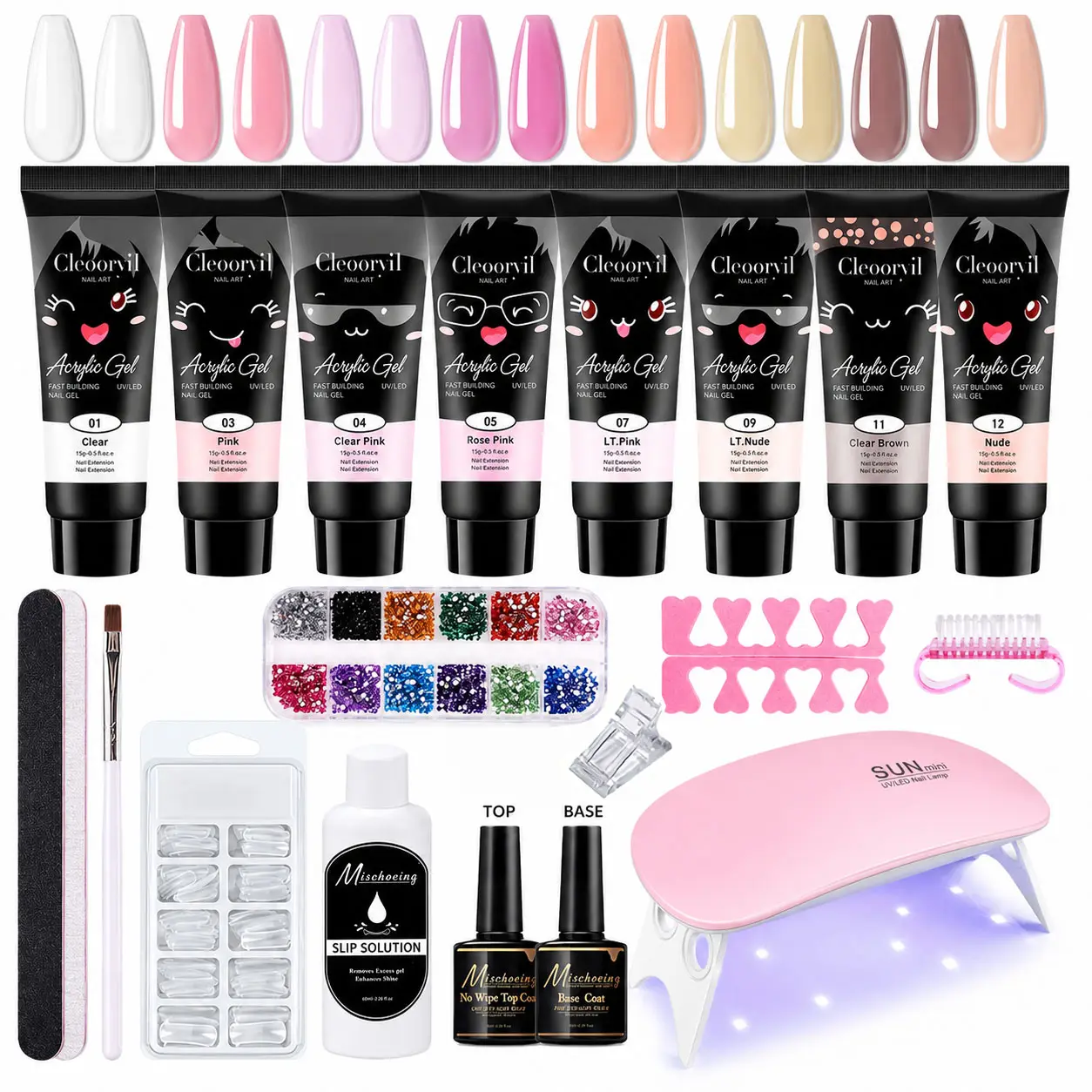 Poly Nail Extension Gel Kit with UV LED Lamp, 8 Colors Acrylic Builder Gel Set with Nail Tips, Base & Top Coat, Slip Solution, Nail Art Glitters & Tools, Complete DIY Home Salon Manicure Kit for Beginners & Professionals