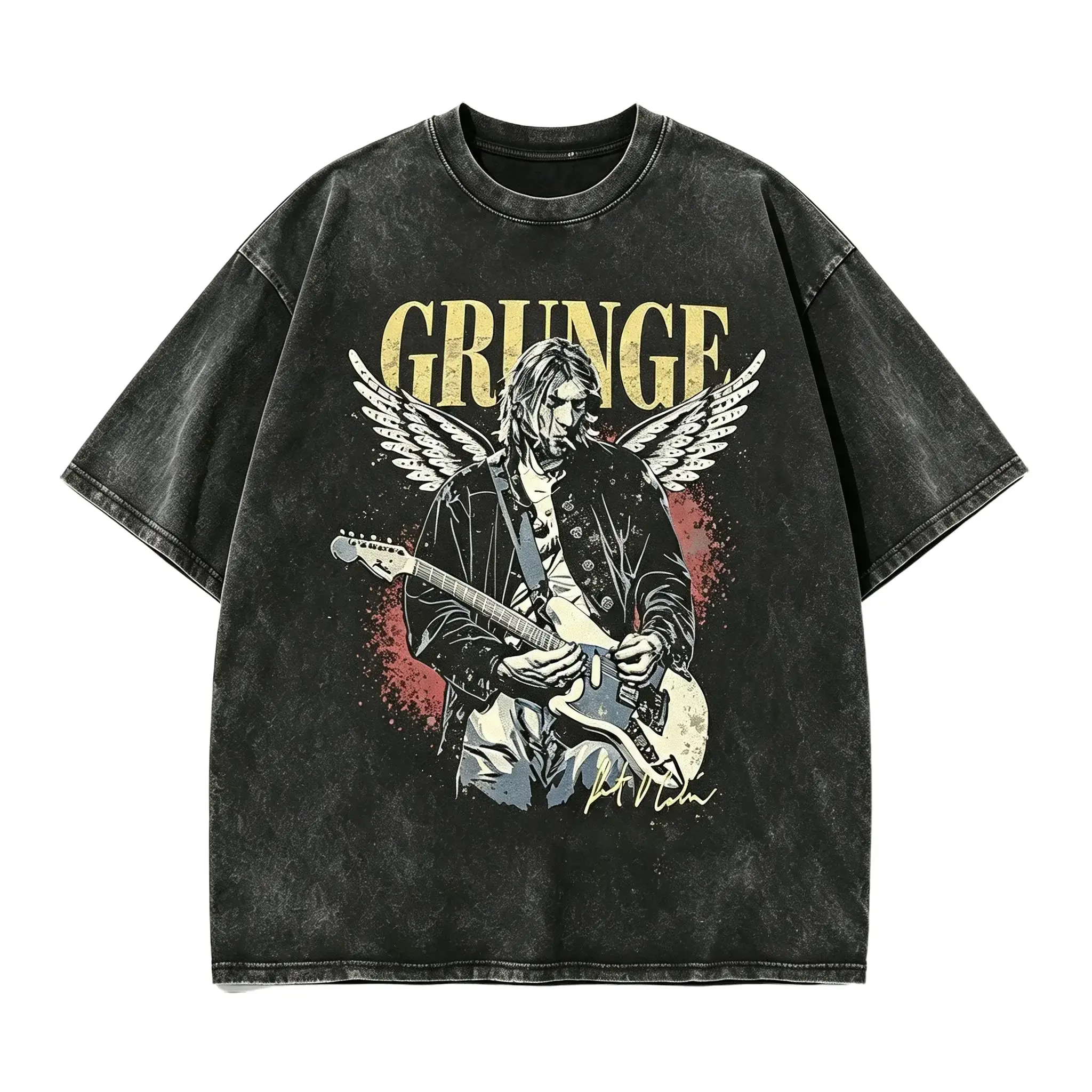 Vintage Grunge-style T-shirt featuring an anime-inspired angel wings graphic; a 90s rock-style top with a relaxed, unisex fit—perfect as an alternative-style gift for music fans.