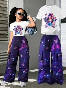 Girls' Casual Sweet Cool Nova Beat K-Pop Style Fit Short Sleeve Top + Wide Leg Cargo Pants Set, Starry Sky Print