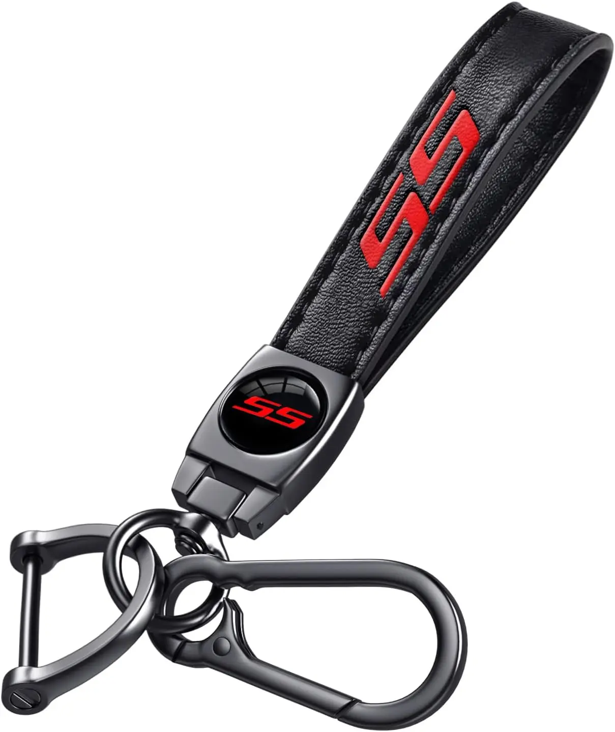 Premium Leather+Metal Black SS Car Keychain with Red SS Emblems, Anti-Scratch, Anti-Drop, Includes Screwdriver, Compatible with Chevy Models (Camaro, Cruze, Equinox, Blazer, Traverse, Monza, Tracker)