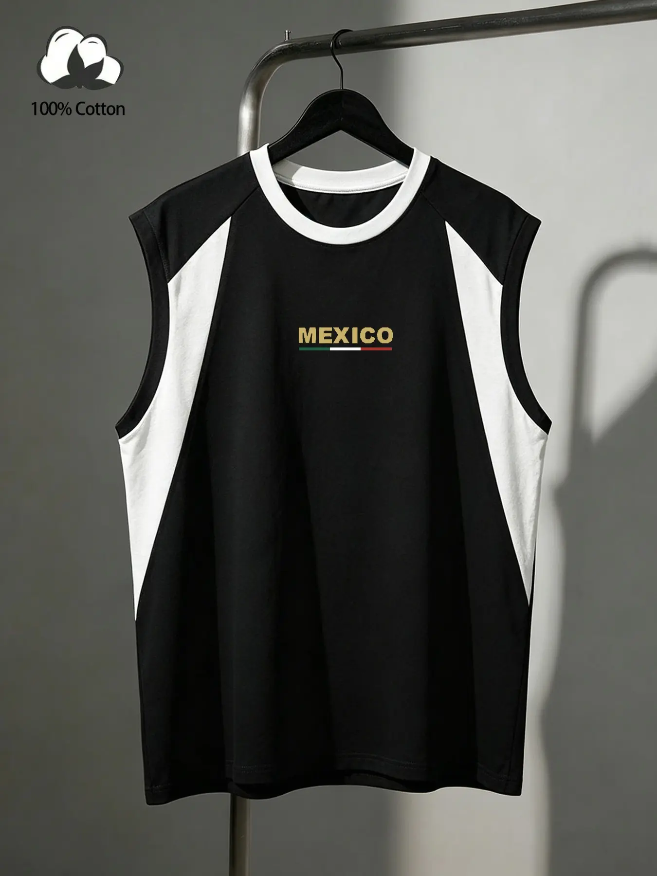 Men's Mexican Print Colorblock Sleeveless Vest, 100% Cotton, Breathable, Loose Fit, Casual Style, Ideal for Sports, Fitness, Daily Wear