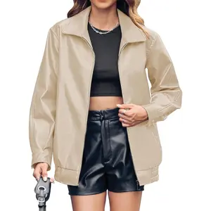 Womens Oversized Leather Jackets Faux Casual Zip Up Trendy Bomber Motorcycle Jacket with Pockets S-XL