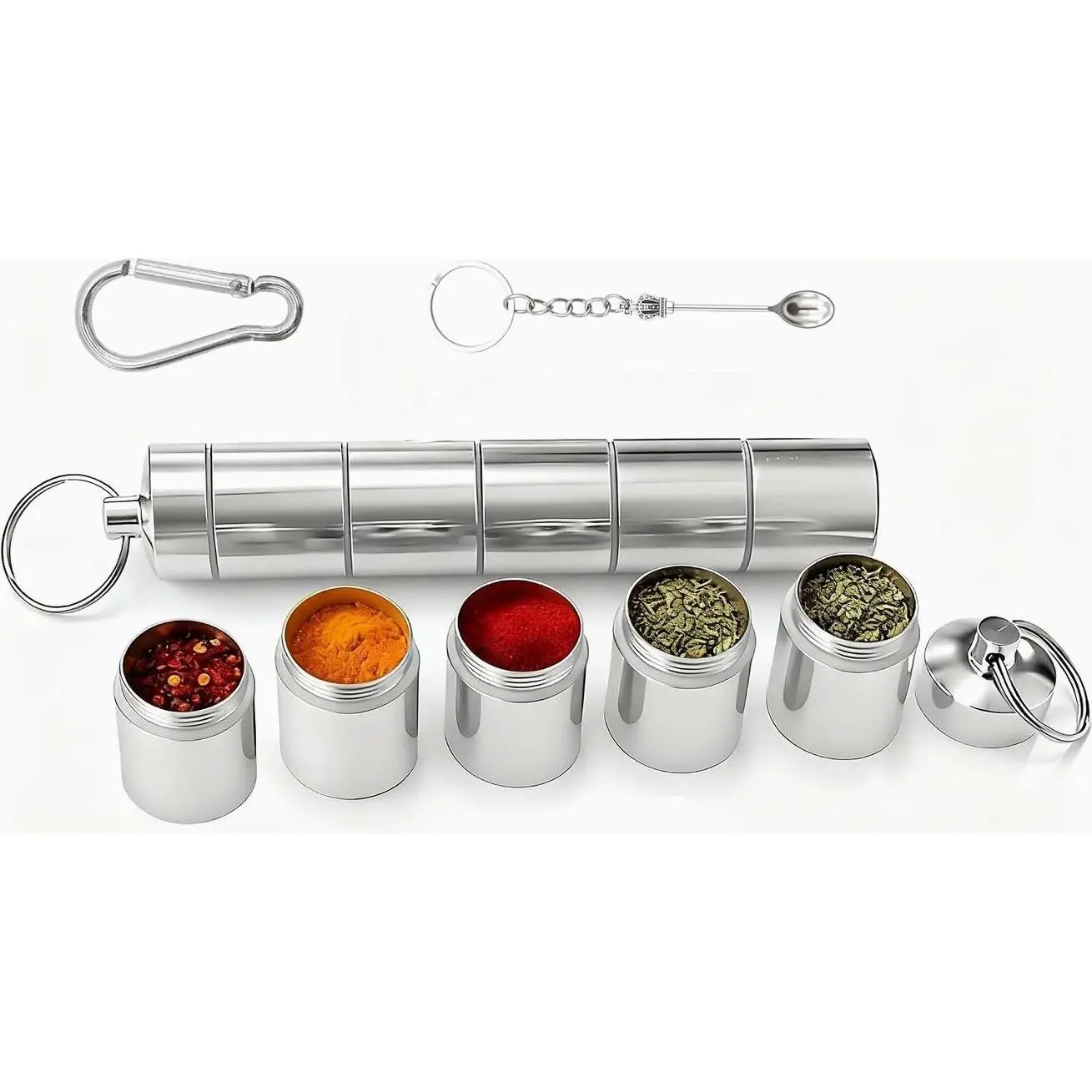 Stainless Steel mini salt and pepper shakers for travel, 5 in 1 Portable Mini Spice Jars for Outdoor Picnics, and Kitchen Cooking
