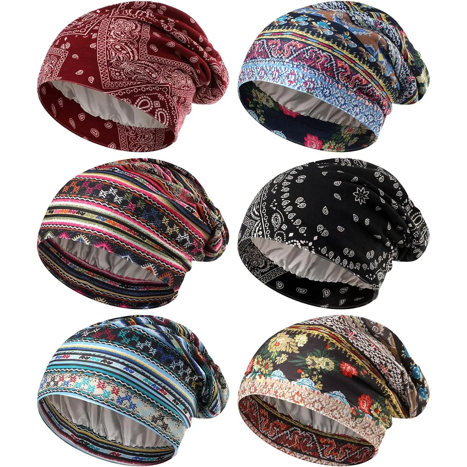 Women's 6-Count Satin-Lined Bonnet Sleep Cap - Soft African Silk Slouchy Beanie Wrap for Curly Hair, Short Hair, Heatless Curls, Daily Wear Haircare, Detangling