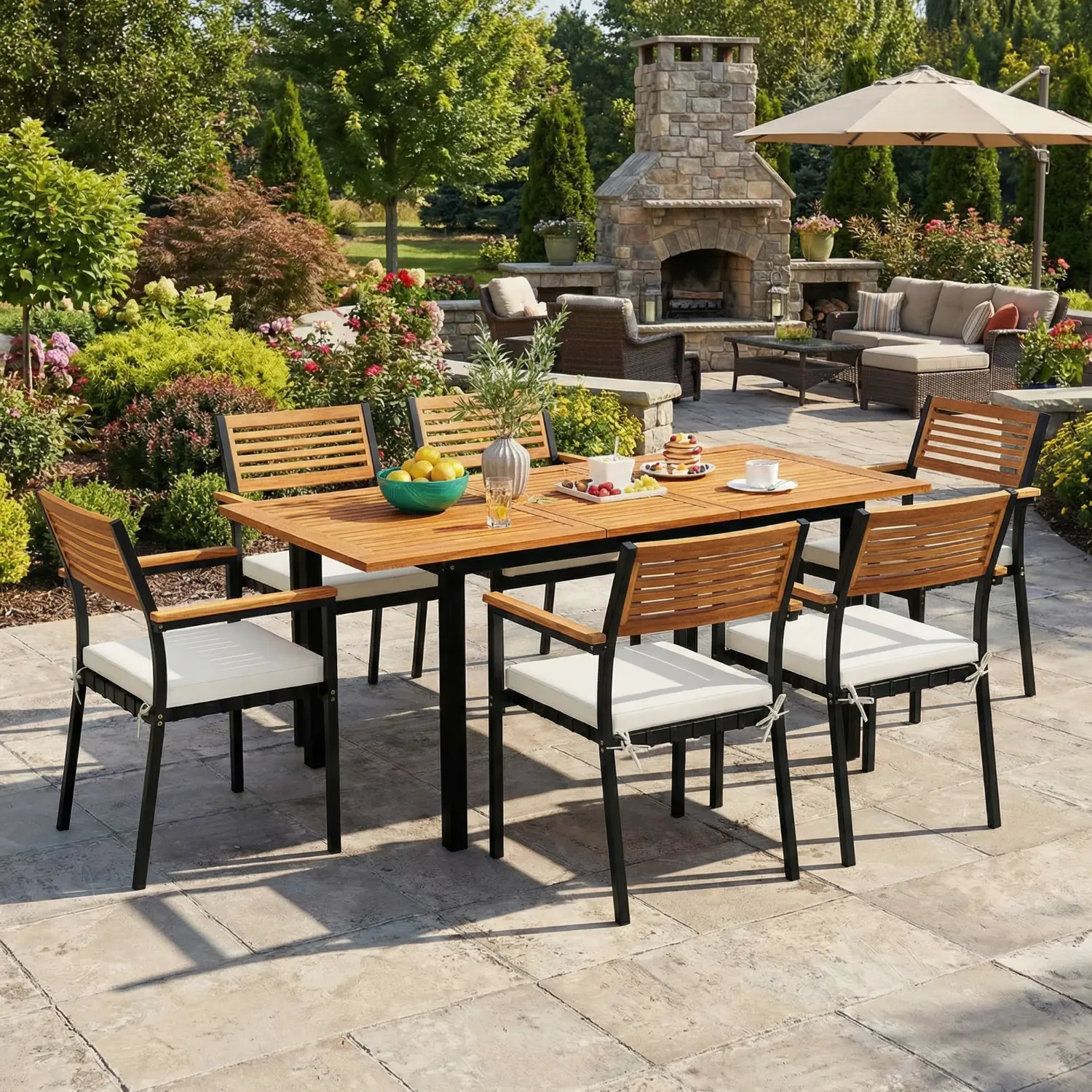 Acacia Wood Extendable Outdoor Dining Table - 51"-64" Size, Umbrella Hole, Metal Legs, Natural-Black Finish, Patio Furniture Set for Garden, Backyard, Anti-Slip Foot Pads