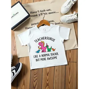 Fun Teachersaurus Quote 180g White Cotton Crew Neck Short Sleeve Printed T-Shirt for Women Great Teacher Dinosaur Theme Gift Perfect for Back to School Halloween Thanksgiving Plus Size Women