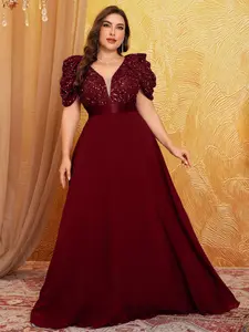 【Plus Size】 Glitter Sequin Chiffon Overlay Party Dress, Elegant V Neck Bishop Sleeve Evening Party Gown, Women's Clothes for All Seasons, Womenswear, Plus Size Formal Dress