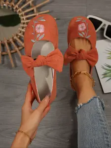 New Embroidered Flower Bow Lace-Up Mary Jane Low Heel Flats, Women's Round Toe Casual Velvet Ballet Shoes, Comfortable All Season Single Shoe