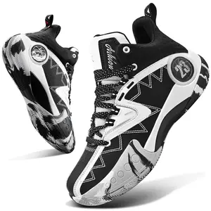 American Streetball Elite High-Top Hoops Shoes, Bold Black White Camo Design, Cushioned Midsole, Durable Court Kicks for Competitive Play