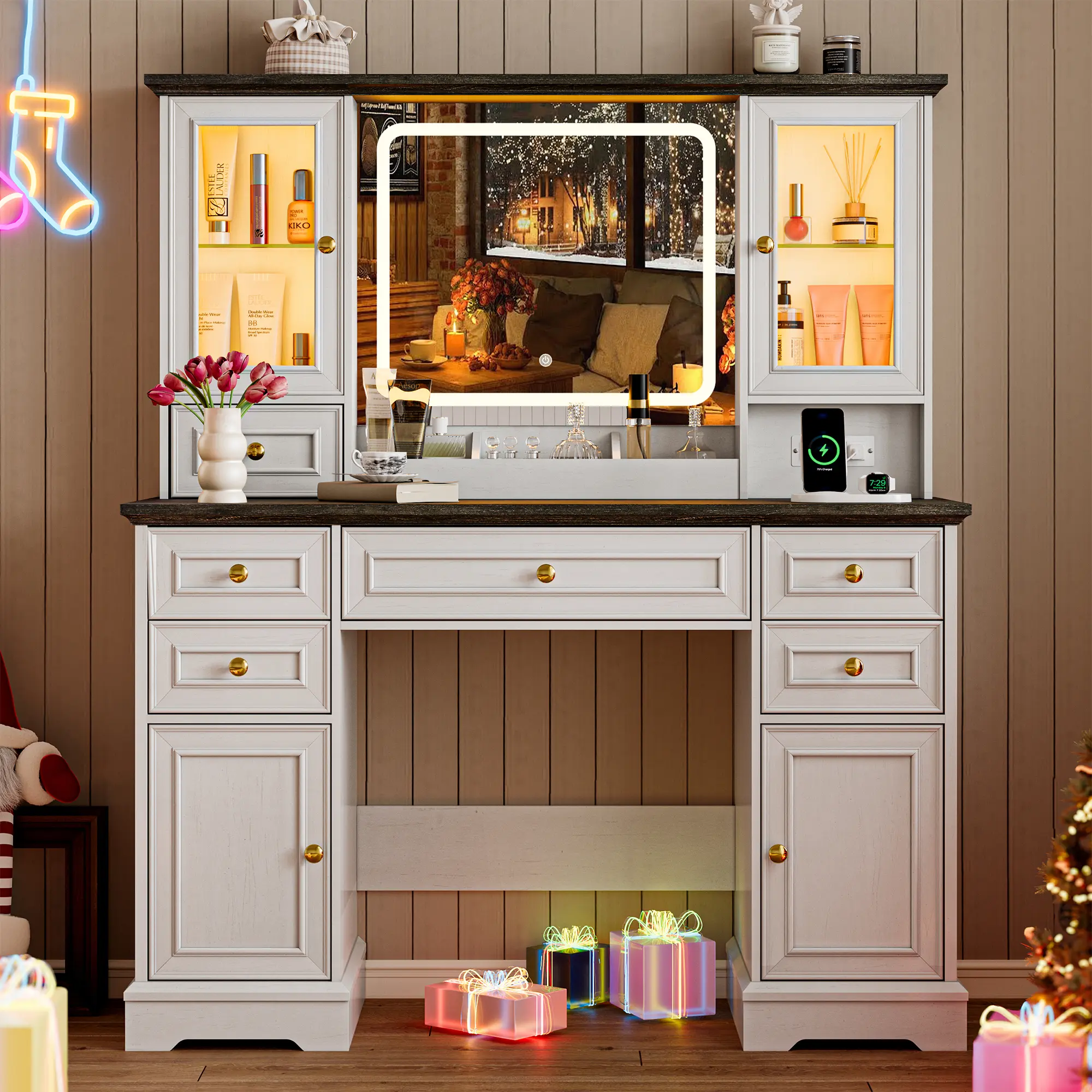 Farmhouse Vanity Desk with Mirror and Lights,Large Makeup Table Set with RGB Cabinets,6 Drawers and Storage Shelves Dressing Table for Bedroom Dressing Room fathers day gift ideas