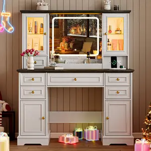 Farmhouse Vanity Desk with Mirror and Lights,Large Makeup Table Set with RGB Cabinets,6 Drawers and Storage Shelves Dressing Table for Bedroom Dressing Room