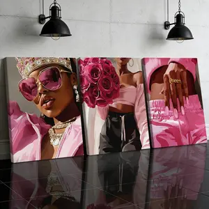 3 Counts Wooden Framed Canvas Painting, Pink Queen Fashion Style Art Images, Exquisite Poster, Perfect Living Room Decoration, Modern Art, Fashion Family Poster, Wall Art Decoration, Waterproof Art
