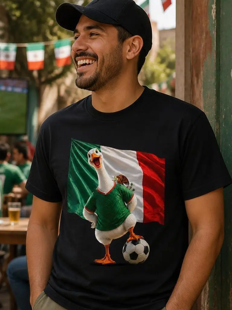 Men's El Pato Del Partido Graphic Print T-Shirt, Casual 100% Cotton Loose Fit Short-Sleeve Mexico Fan Top, Tee, Mexican Character Motif Men's Short-Sleeve T-Shirts, Support Mexico National Team