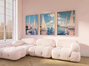 Set of 3 Boat Sailboats in Harbor Marina, coastal wall art, coastal lake house landscape in pastel pink and blue Decor Photo