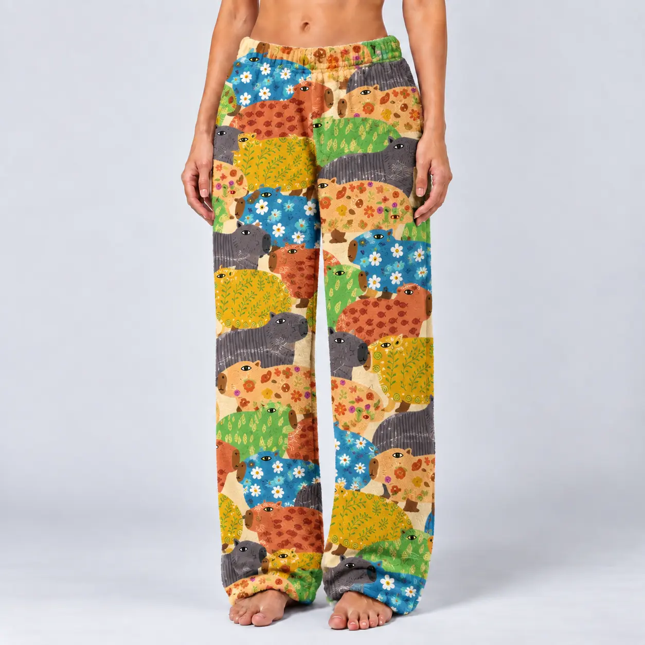 Women’s Capybara Fuzzy Pajama Pants, Cute Patchwork Animal Print Plush Lounge Pants, Cozy Wide-Leg Fuzzy Sleep Bottoms, Soft Colorful Fuzzy Pants for Women