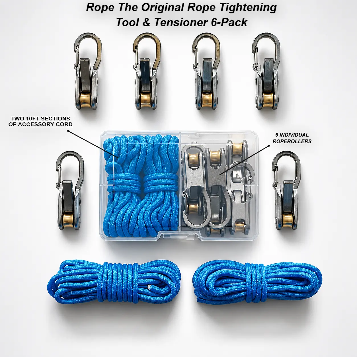 The Original Rope Tightening Tool & Tensioner 6-Pack with Rollercam Technology – Heavy-Duty Tie Down for Outdoors, Tarps, Boating & Camping Gear – Includes Reflective Cord & Carry Case
