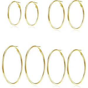 4 Pairs Silver Gold Hoop Earrings for Women 30/40/50/60 mm Stainless Steel 14K Gold Plated Hoop Earrings Hypoallergenic Big Thin Lightweight Dangle Set