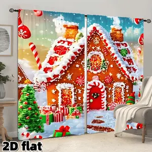 2D Flat 2Pcs Christmas Gingerbread House Candy Cane Print Curtains, Snow Scene Holiday Theme Window Treatment, Rod Pocket Design, Suitable for Living Room Bedroom Kitchen Decor, Winter Festival Home Decoration, Festive Gifts