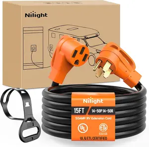 Nilight 50 Amp15FT RV EV Extension Cord 250V Heavy Duty 6/3+8/1 Gauge Pure Copper STW Wire UL ETL Listed 4 Prong Nema 14-50P 14-50R 50F/50M Cable Suit for RVs EVs Trailer Campers
