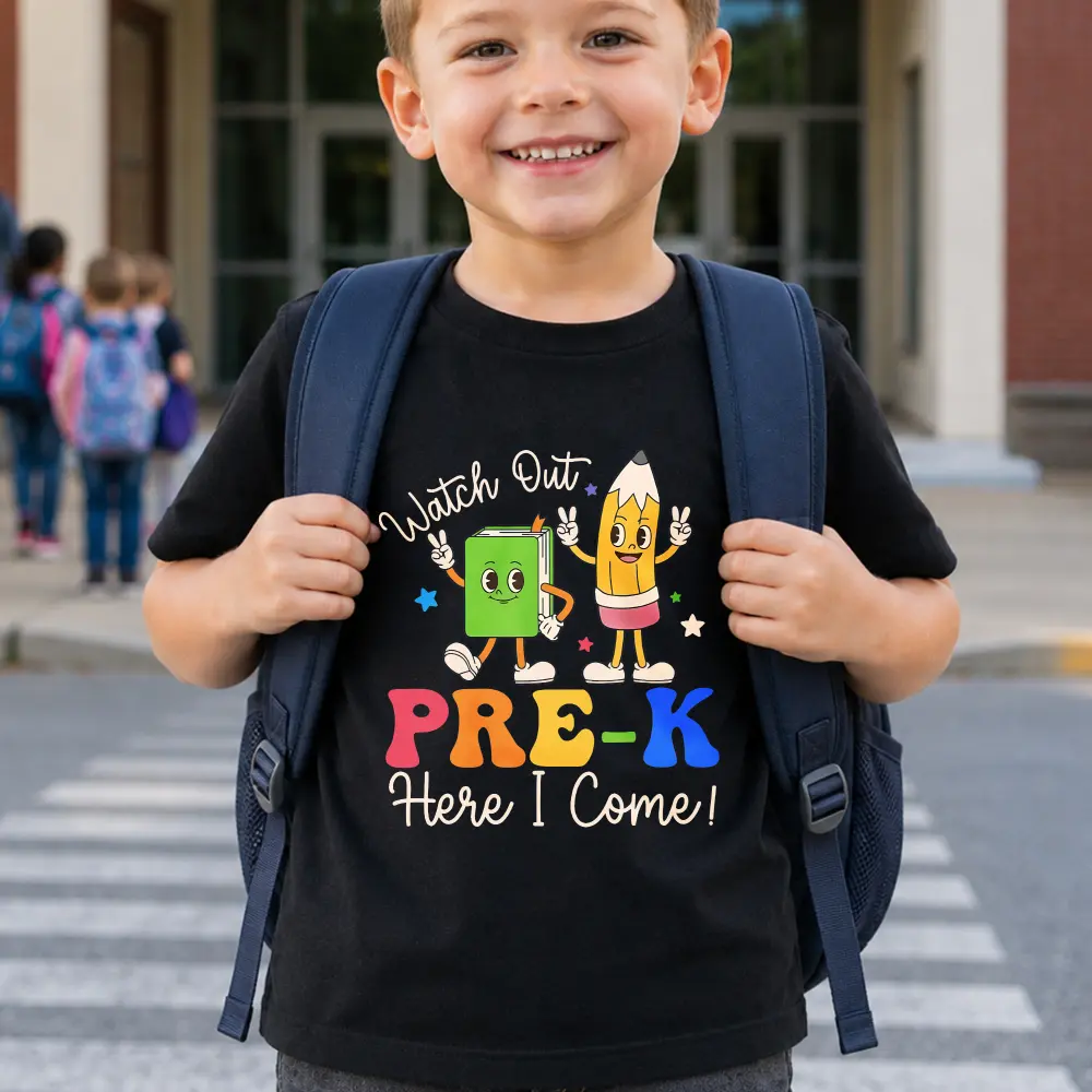 Watch Out Pre-K Here I Come T-Shirt - Cute Cartoon Green Book And Yellow Pencil Characters with Peace Signs, Colorful Stars Design, Soft Crew Neck Tee for Boys Girls Preschool Kindergarten Back to School Gift