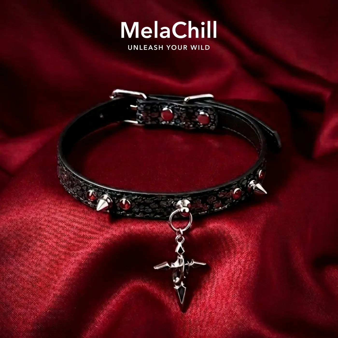 MELACHILL Black Gothic Spike Cross Charm Choker Necklace, Red Crystal-Studded Ring Collar with Dagger Pendant
