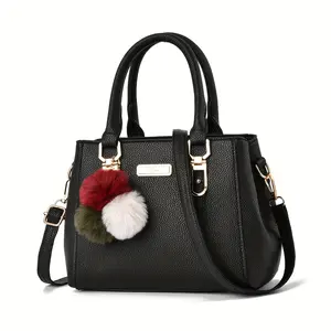 Solid Color Women’s Fashionable Knitted Pom-Pom Handbag/Crossbody Bag with Multi-Layer Design, Wallet Included
