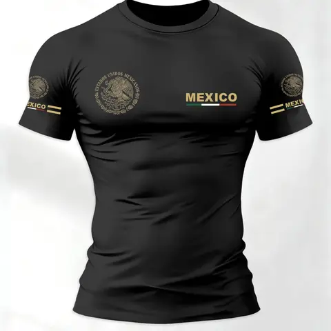 Men's Mexican Theme Design Cultural Pride Fashion Sporty Print Short Sleeve T-Shirt, Casual Loose Fit, Relaxed Cut, Perfect for Gym Outdoor Sports Streetwear, Casual Sportswear, Casual Sport Top, Casual Athletic Wear, Casual Sports Tops