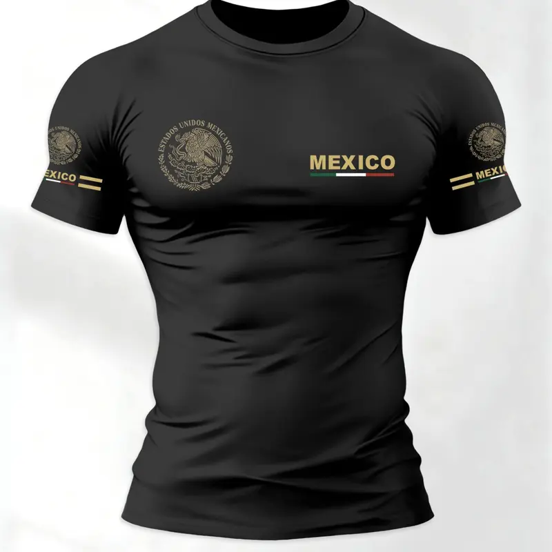 Men's Mexican Theme Design Cultural Pride Fashion Sporty Print Short Sleeve T-Shirt, Casual Loose Fit, Relaxed Cut, Perfect for Gym Outdoor Sports Streetwear, Casual Sportswear, Casual Sport Top, Casual Athletic Wear, Casual Sports Tops