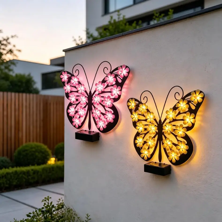Solar Butterfly Wall Light - Decorative Flower-Pattern Metal Solar-Powered Sconce, Waterproof Outdoor LED Lamp for Garden Fence, Blush Pink Warm Ambient Lighting for Home Exterior Art Decor