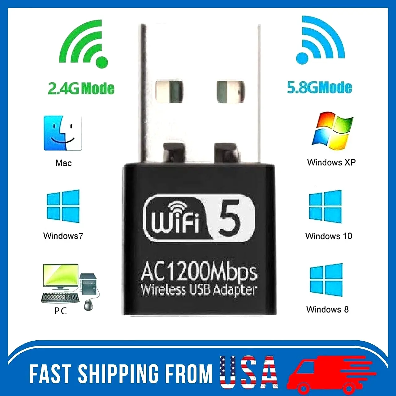 NEW 1200Mbps Dual Band USB WiFi Adapter, 802.11ac Wireless LAN Network Dongle, 2.4GHz/5GHz WiFi Receiver for Desktop PC, Laptop, Computer & Notebook, High Speed Wireless Internet Adapter