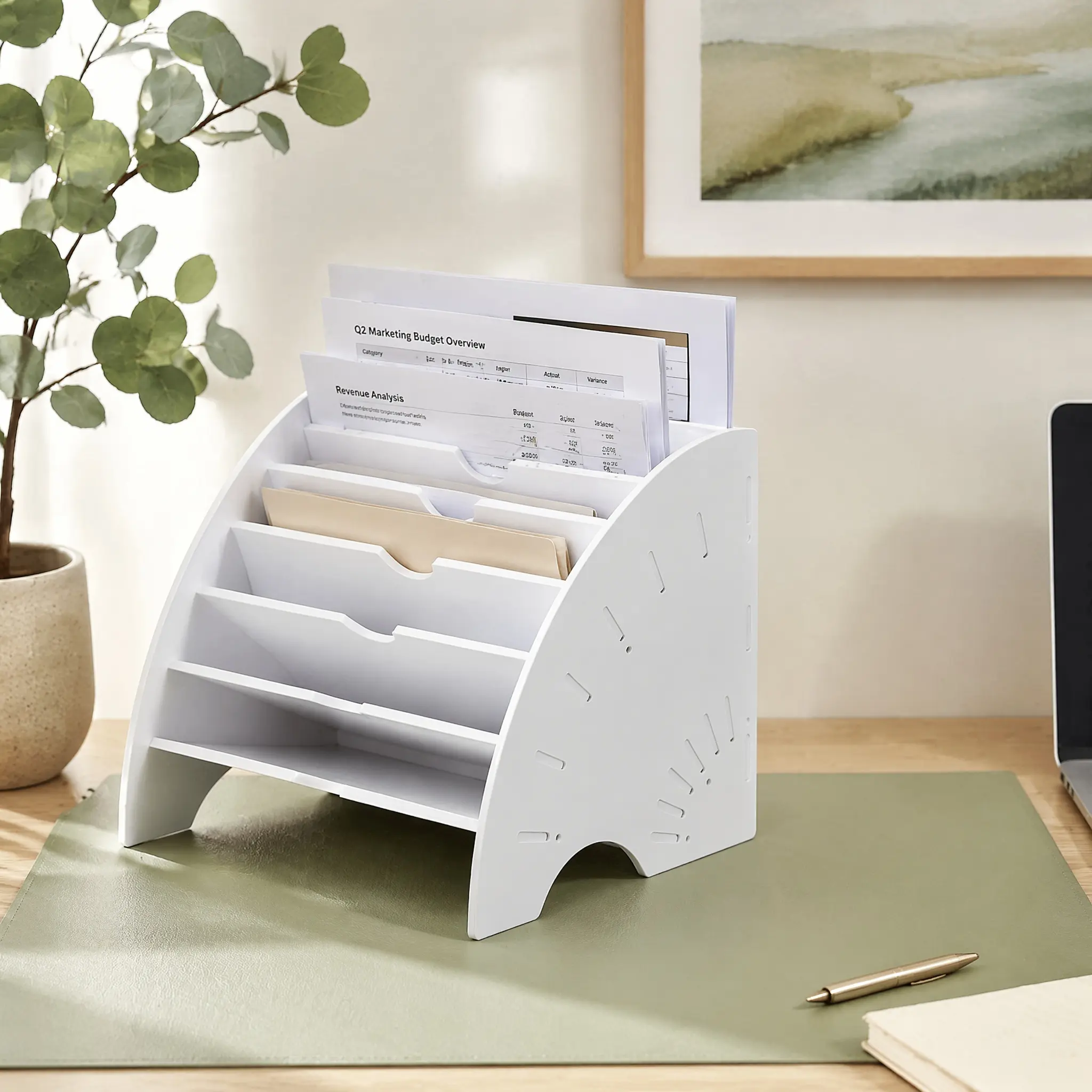 Fan Shaped Desk File Organizer, 6 Compartments File Holder for Desktop, Magazine Rack, Mail Holder, File Sorter, Paper Organizer for Home Office Classroom, White