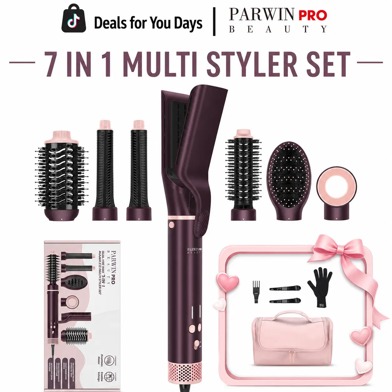 【 Gift Set 】7-in-1 Hair Styler Set, Dual Voltage Negative Ion Blowout Brush,12 Months Warranty,110,000RPM High Speed Qiiet Hair Dryer+ No Heat Plate Hair Straightener +Hot Air Brushs+ Auto Rectangle Curling Wand Multistyler for Women