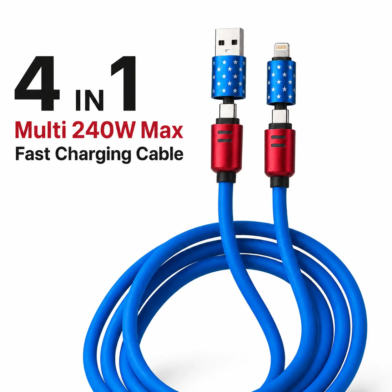 Patriotic USA Flag 4-in-1 Charging Cable – Stars & Stripes Red White Blue Cord, Fast Charge & Sync, Durable Metal Connectors, Ideal Gift for Veterans Day，Home & Car Use